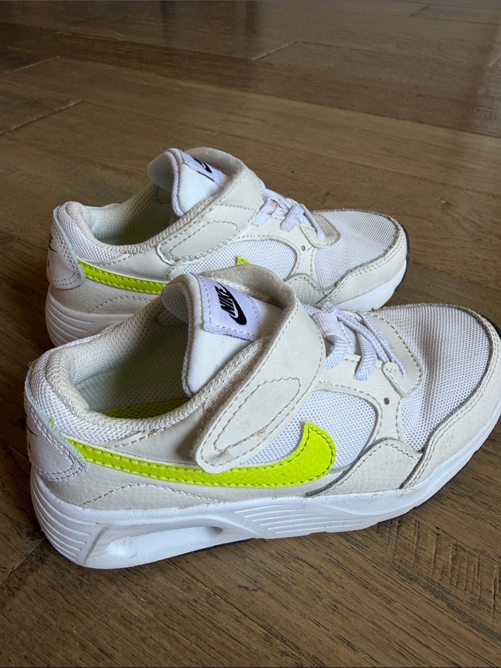 Nike Kids White Sneakers with Neon Yellow Swoosh 12C